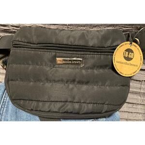 Samantha Brown, NEW, Black Quilted Pouch w Adjustable Strap, Chrome‎ Metal Strap